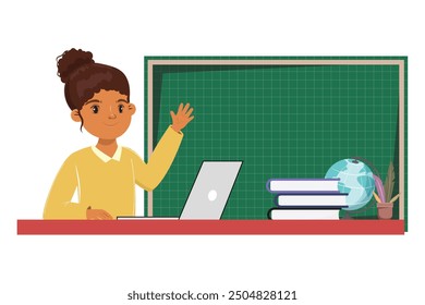 Cute black girl with a bun waving with a hand, sitting in front of laptop, books, and a globe on the desk, chalkboard on the background