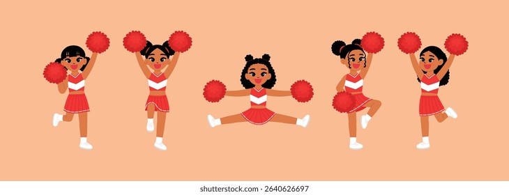 cute black girl in cheerleading red uniform, smile cheerleader dance and jump, cheerful support sport game, smile cheerleader girl with pom-pom entertain and cheering competition sport day 