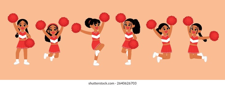 cute black girl in cheerleading red uniform, smile cheerleader dance and jump, cheerful support sport game, smile cheerleader girl with pom-pom entertain and cheering competition sport day 
