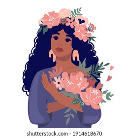 A cute black girl holding a bouquet of flowers. Vector stock illustration. Design for the holiday of spring, anniversary, birthday. Isolated on white background.