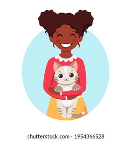 Cute black girl holding a cat in her hands. Black girl with pet. Vector illustration