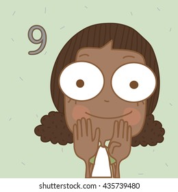 Cute black girl learn number and counting with kids hand showing the number nine.