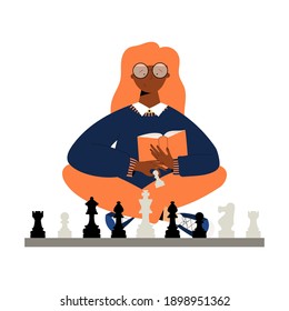 Cute black girl plays chess. Girl sitting cross legs with chessboard, chess figures and book in hands. Girl reading chess exercise book and practicing board game. Young woman competing in chess