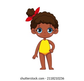 A cute black girl in a red one-piece swimsuit. Children's illustration of a child. Vector illustration in cartoon childish style. Isolated funny clipart. Cute baby print on vacation at the beach