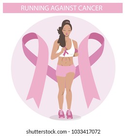 Cute Black girl running against cancer.  Flat Illustration of a Woman in vector. Healthiness medical campaign icon