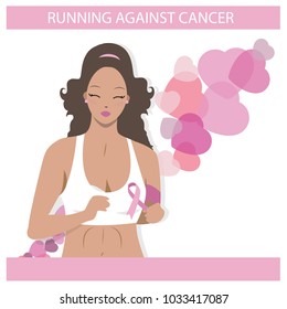 Cute Black girl running against cancer.  Flat Illustration of a Woman in vector. Healthiness medical campaign icon