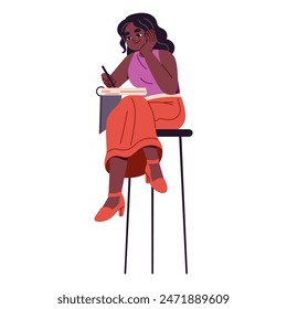 Cute black girl sits on chair, does homework, home exercise. Student prepares for exams, learning, studies, writes in copybook. Teen takes notes in notebook. Flat isolated vector illustration on white