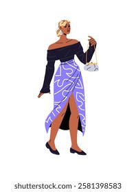 Cute black girl is wearing fashion clothes, outfit. African American young woman in stylish patterned slit skirt holds modern bag. Female with clutch stands. Flat isolated vector illustration on white