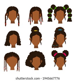 Cute Black girls women curly hair styles collection set vector illustration