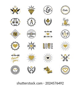 Cute black and golden love and heart assorted emblem and stamps design elements set on white background