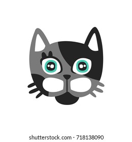 Cute black and gray cat head, funny cartoon animal character, adorable domestic pet vector illustration