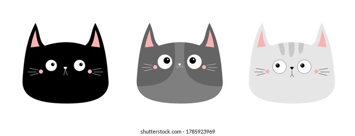 Cute black gray cat kitten kitty head face silhouette icon set. Kawaii cartoon sad character. Happy Valentines Day. Baby greeting card tshirt notebook cover print. White background. Flat design Vector