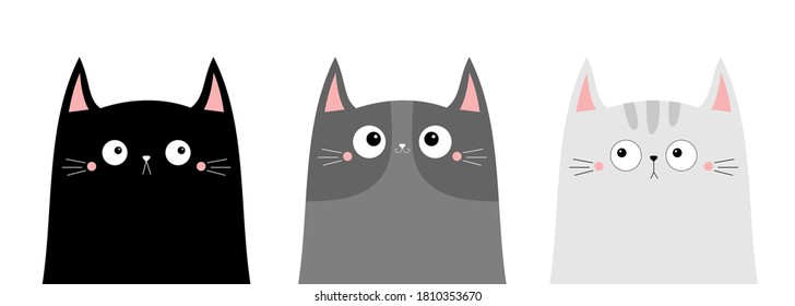 Cute black gray cat kitten kitty head silhouette icon set. Kawaii cartoon character. Sad face. Happy Valentines Day. Baby greeting card tshirt notebook cover print. White background Flat design Vector