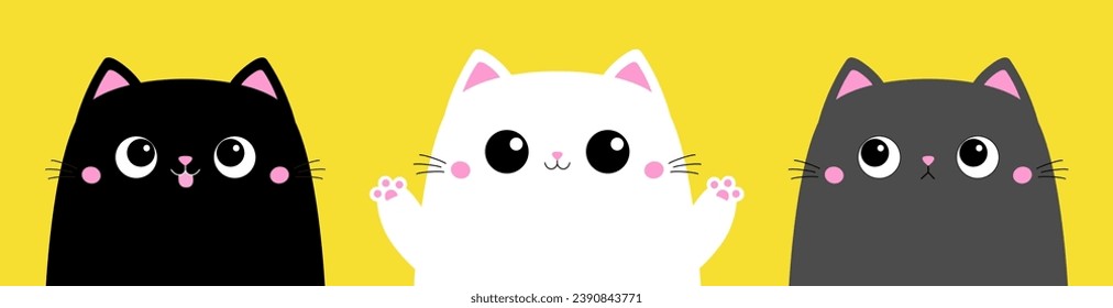 Cute black gray white cat kitten kitty head silhouette icon set. Pink paw print. Kawaii cartoon character. Happy Valentines Day. Greeting card tshirt print. Yellow background. Flat design. Vector