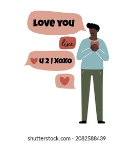 Cute black guy is on the phone, chatting with someone using teen slang language, love messaging with hearts, isolated hand drawn vector illustration