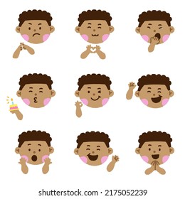 Cute Black Hair Black Eye Boy Kids Children Different Expression Emotions Emotional Emoticon Hand Doodle Character Feelings Faces Collection Set Icon Vector illustration