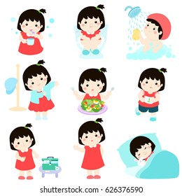 Cute black hair girl have healthy hygiene take a bath,using the toilet,
eat healthy food, dress up,wound healing,sleep and exercise 
vector illustration