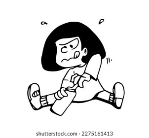 Cute black hair little girl character sitting on the floor and trying to open a bottle. Black and white sketch cartoon style vector illustration.