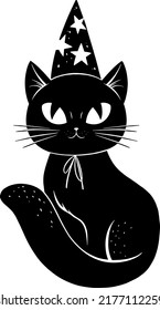 Cute black Halloween cat with magic hat. Vector illustration