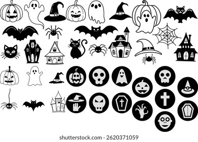 Cute Black Halloween Icons Flat Design