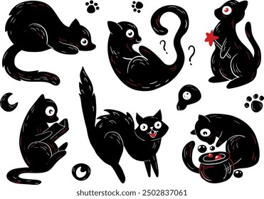 Gatos dibujados a mano negros lindos en conjunto. Colección de Elementos de diseño: gatitos de estilo gráfico bonito, animales de dibujos animados, mascota bruja aislada en varias poses. Ilustración vectorial, conjunto de pegatinas de Halloween.