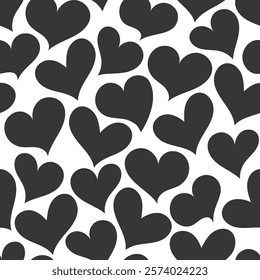 Cute black hand drawn heart seamless pattern. Vector love hearts texture on white background. Valentines day monochrome print, trendy abstract minimal design for prints, wrapping paper, cover.