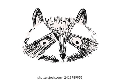 Cute black hand drawn sketch raccoon face illustration. Childish drawing wild skunk character for kids print design, logo, sticker