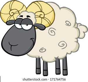 Cute Black Head Ram Sheep Cartoon Mascot Character. Vector Illustration Isolated on white