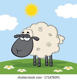 Cute Black Head Sheep On A Meadow. Vector Illustration