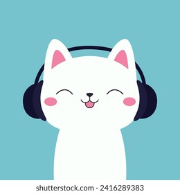 Cute at in black headphones earphones. Kitten listen to music with closed eyes, pink tongue, ears. Happy face head. Cartoon kawaii funny baby pet character. Flat design. Blue background. Vector