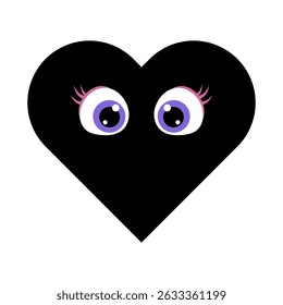 Cute Black Heart with Cartoon Eyes Vector Illustration. A playful and charming design of a solid black heart with a pair of large, expressive cartoon eyes.