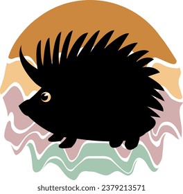 Cute black hedgehog on colorful background in form wavy circle. One from the collection for kids. Vector illustration	