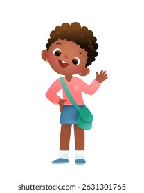 Cute Black high school African American Schoolgirl with Schoolbag Waving. Black girl character goes to study at School. Kids learning and studying. Children back to school vector illustration clip art