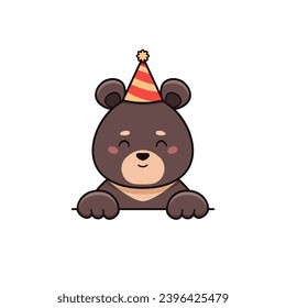 Cute black himalayan bear is wearing party hat in cartoon style. Vector flat illustration