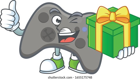 Cute black joystick character holding a gift box