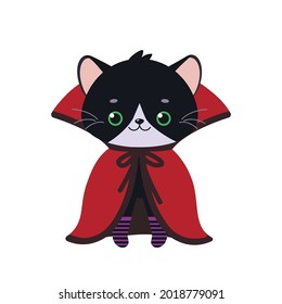Cute black kawaii cat in cloak for Halloween isolated on white background. Vector illustration. Cartoon flat style
