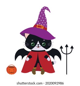 Cute black kawaii cat in cloak and hat for Halloween isolated on white background. Vector illustration. Cartoon flat style