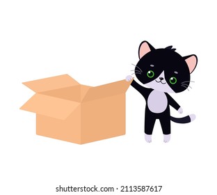 Cute black kawaii cat opens box on white background. Cartoon flat style. Vector illustration