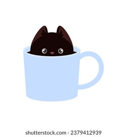 Cute black kawaii cat sitting in a cup of coffee