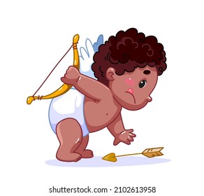 Cute black kid Cupid holds a crossbow and reaches for an arrow. Happy African Cupid in diapers, with wings and curly hair. Illustration for the day of lovers and lovers. Vector chubby child