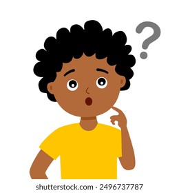 Cute black kid thinking about something. Boy child finding answer with question mark.