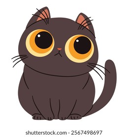 Cute black kitten with big eyes. Flat vector illustration in simple childish style. White background 