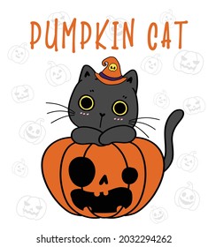 cute Black kitten cat on funny face craved pumpkin, Halloween Pumpkin meow cartoon flat vector illustration