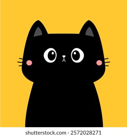 Cute black kitten. Cat silhouette icon. Sad face. Funny kawaii animal. Cute cartoon pet baby character. Greeting card. Sticker print. Childish style. Flat design. Yellow background. Vector