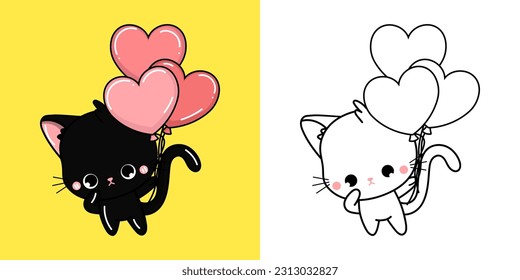 Cute Black Kitten Clipart for Coloring Page and Illustration. Happy Cat Illustration. Vector Illustration of a Kawaii Animal for Stickers, Prints for Clothes, Baby Shower, Coloring Pages.
