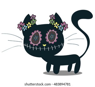 cute black kitten decorated with flowers, sugar skull concept for Dia De Los Muertos