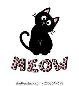 Cute black kitten and decorative letters in word meow, vector illustration, design elements, wall poster.