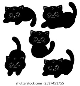 Cute black kitten in different poses, vector set, funny pets, playful kitten. Vector illustration on white background.