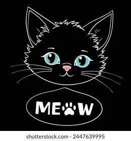 Cara de gatito negro lindo, texto de eslogan Meow para gráficos de camiseta, estampados de moda y otros usos