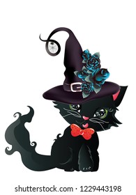 Cute black kitten with green eyes in witch hat with blue roses.